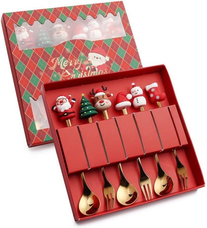 Christmas Cutlery Set of 6 Pieces - 3 Gold Spoons & 3 Forks, Stainless Steel Dessert Utensils with Gift Box for Holiday Party