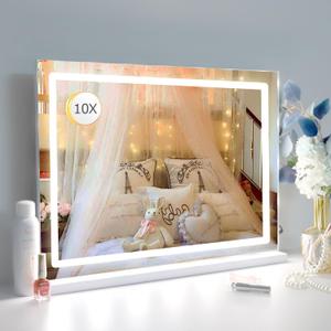 Makeup Vanity Mirror with Lights, 22.8"x 18.1" Large LED Lighted Mirror with 10X Magnification and USB Charging Port, Smart Touch 3 Colors Dimmable, Touch Control for Bedroom, White
