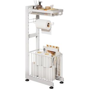 Toilet Paper Holder Stand with Storage Shelf - Multi Tier Metal Toilet Paper Stand with Large Basket for Tissue Rolls, Wipes (White)