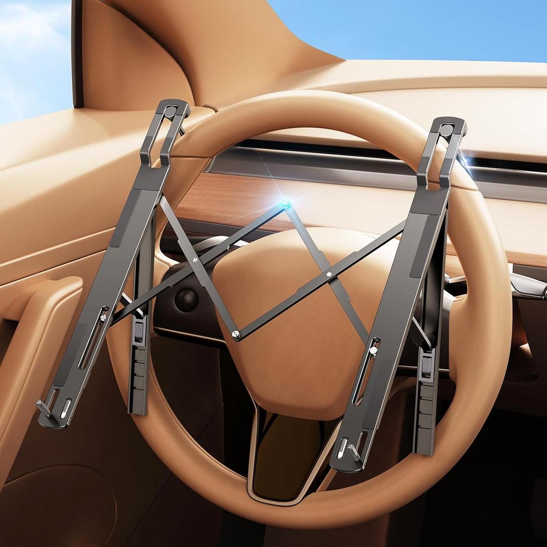Car Laptop Mount Steering Wheel Tray Holder, Height Adjustable Car Desk for Laptop Computer Tablet, Foldable Portable Lap Laptop Stand for Car Vehicle Workstation Accessories Truck SUV Tesla (Metallic Gray)