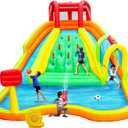 Inflatable Water Double Slides Park, Bounce House with Arched Water Gun Spray, Jumping Castle with Air Blower