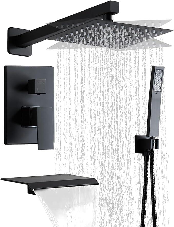 Matte Black Shower Faucet Set with Tub Spout 8 Inch, | with 2 Hooks, Tub and Shower Faucet Combo, Rain Shower and Handheld Shower System Square Wall Mount for Bathroom