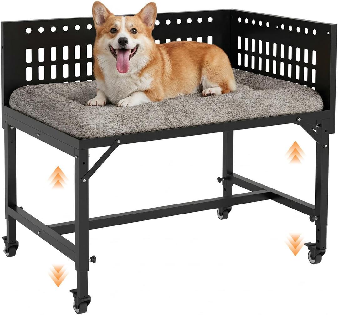 Beside Dog Bed,2 Panels Adjustable Height Dog Bunk Beds,35.4”x23.6” Metal Frame & Cushion, Converts to Bunk Bed or Bed Extension Attachment for Human Bed, for Medium Dogs