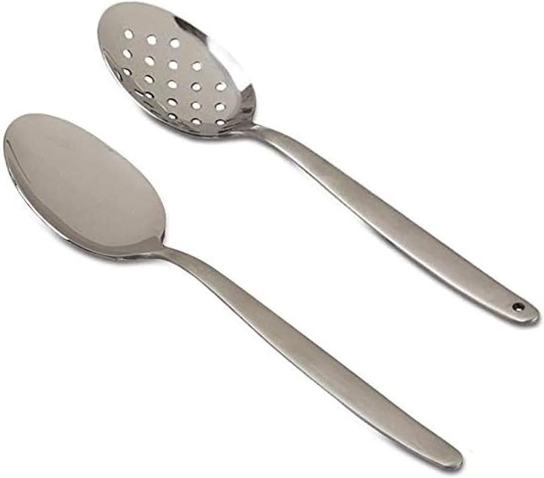 2 Pack 8 inch Kunz Small Regular and Perforated Sauce Spoon Set | 18/10 Stainless Steel Silver Chef Spoon ideal for drizzling sauces, plating desserts, Dishwasher safe