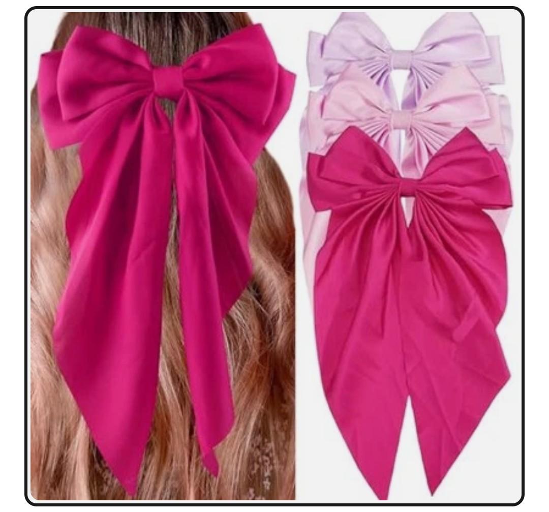 3Pcs Satin Hair Accessories: Big Bows, Hair Ties, and Long Tail Clips for Women and Girls (Purple, Pink, Magenta) 2 Pack