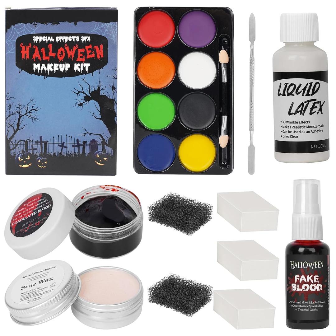 2 x Halloween Liquid Latex Special Effects SFX Makeup Kit - 8 Colors Bruise Face Body Paint Palette, Liquid Latex+ Scar Wax+ Spatula Tool+ Fake Blood Spray+ Coagulated Blood With Sponges for Halloween Cosplay