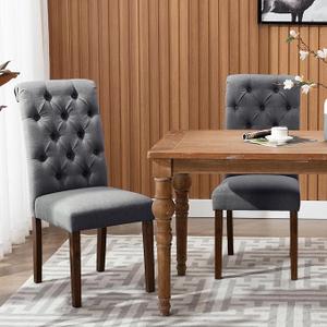 COLAMY Tufted Dining Chairs Set of 2, Parsons Dining Room Chairs Upholstered Fabric Diner Chair Stylish Kitchen Chairs with Solid Wood Legs and Padded Seat - Grey