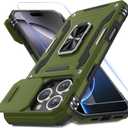 DEERLAMN Case for iPhone 16 Pro Max with Slide Camera Cover+Screen Protector (1 Pack), Rotated Ring Kickstand Military Grade Shockproof Protective Cover-Olive Green