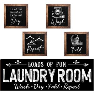 Yerliker Set of 5 Laundry Room Decor for Wall Laundry Room Sign Farmhouse Wooden 7 x 7 Inch Wash Dry Fold Repeat Signs Rustic Wall Art Decor for Bathroom Home(Black, Large)