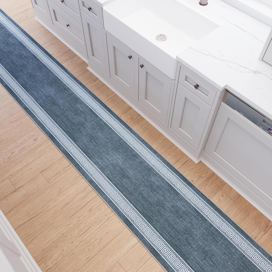 Ottomanson Runner Rug 2'7" x 8'  Soft Non-Slip Rug, Quick Dry Low Pile Carpet for Entryway, Kitchen, Hallway & Narrow Indoor Spaces, Greek Border Greyish Blue