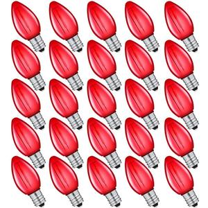 25 Pack Replacement C7 Light Bulbs for E12 Base Christmas String Lights, Classic Christmas Bulbs for Holiday Party Indoor Outdoor Garden Backyard Cafe Xmas Decoration, Red
