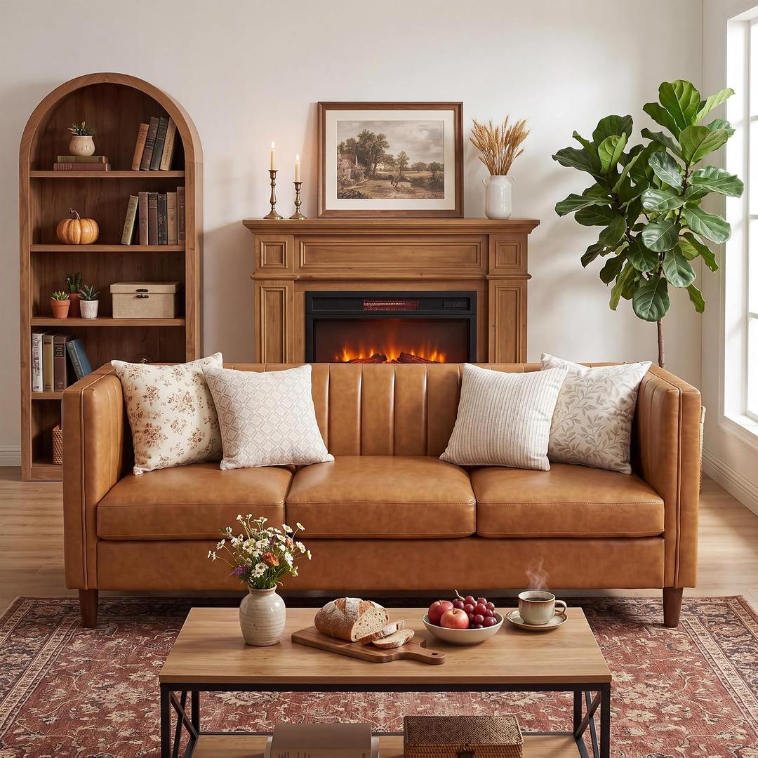 Garvee 81'' Cognac Tan Faux Leather Couch for Living Room