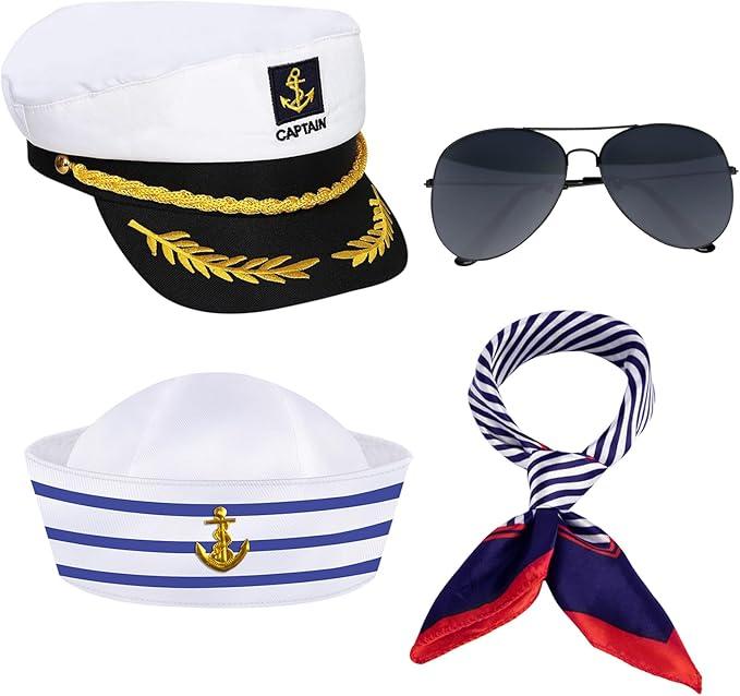 4PCS Yacht Captain Hat Sailor Hat Sunglasses Sailor Ship Cap Scarf Cap, Boat Captain Hat Accessories for Women Men Party Dress Up