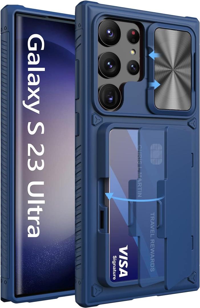 Vihibii for Samsung Galaxy S23 Ultra Case with Card Holder (4 Cards) & Sliding Camera Cover & Kickstand, Shockproof Rugged Hard Back & TPU Edge Wallet Case for Galaxy S23 Ultra 5G 6.8" 2023, Blue