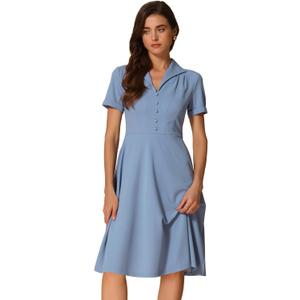 Allegra K Vintage Work Dresses for Women's 1950s Flat Collar Short Sleeve Fit and Flare Dress (Medium, Blue Gray)