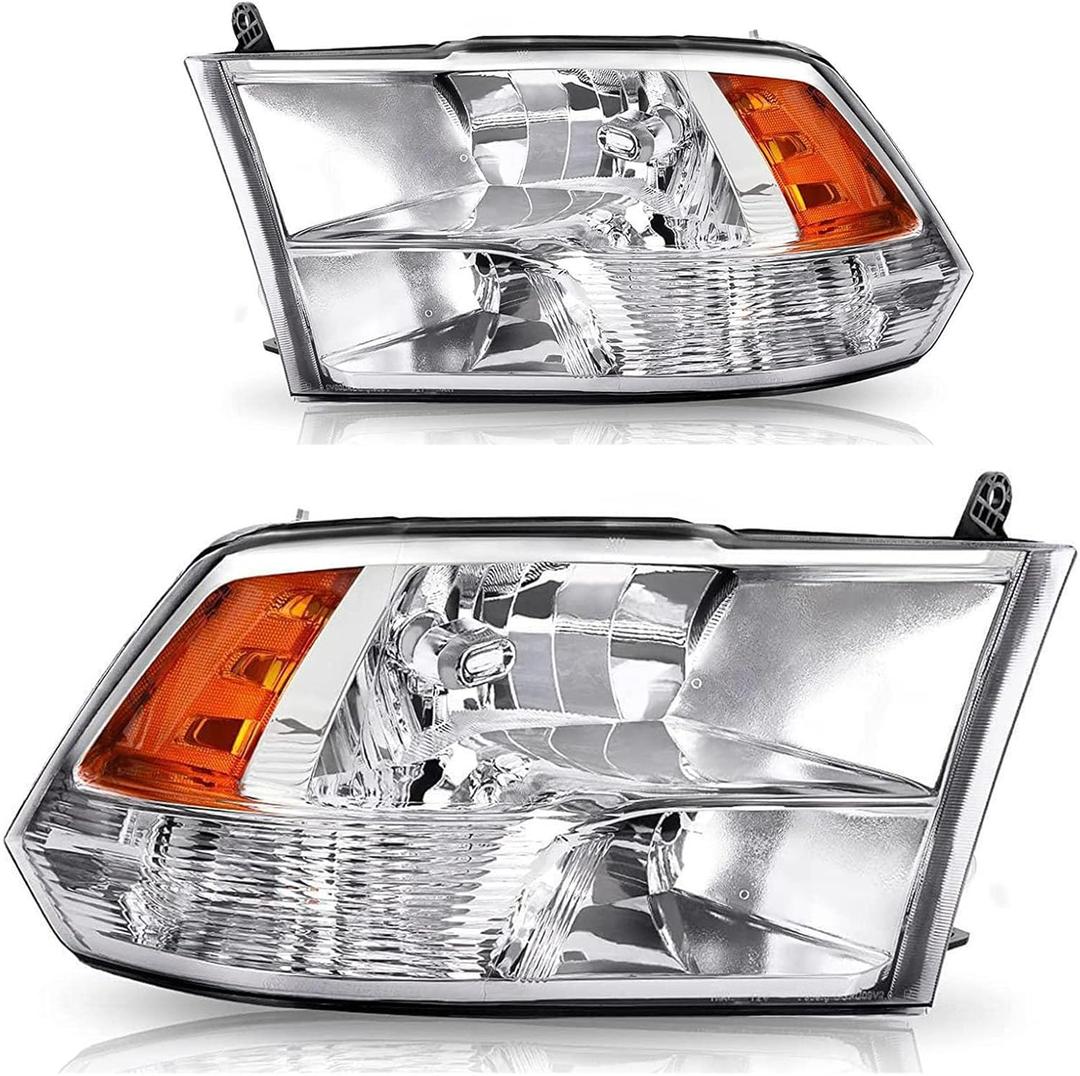 Factory Quad Style Chrome Housing Amber Corner Headlight Headlamp | For 2009 2010 2011 2012 2013 2014 2015 2016 2017 2018 Dodge Ram 1500, 10-18 Dodge Ram 2500 3500 | Driver and Passenger Side