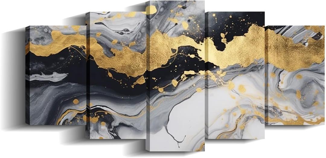 5Pcs Black and Gold Canvas Art Abstract Wall Decor Framed for Living Room Modern Texture Picture Gray Posters Prints Home Decor - 8x14inx2 8x18inx2 8x22inx1, 40x22 inch