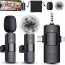 PQRQP 3 in 1 Professional Wireless Lavalier Microphone for iPhone/Android/Camera, Wireless Microphones, Mini Microphone, Crystal Clear Sound Quality for Recording, Live Streaming, Clips-Elegant Black