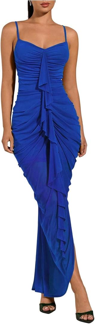 Floerns Women's Ruffle Ruched Cami Dress Draped Split Elegant Bodycon Maxi Dresses, Medium