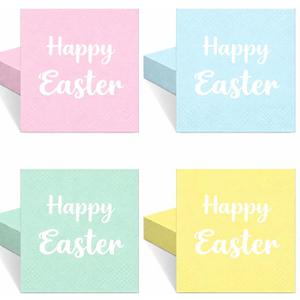 100 Pcs Pastel Happy Easter Paper Napkins 2 Ply 6.5 x 6.5 Inch Disposable Colorful Easter Party Napkins for Spring Dinner Beverage Home Table Decor Party Supplies