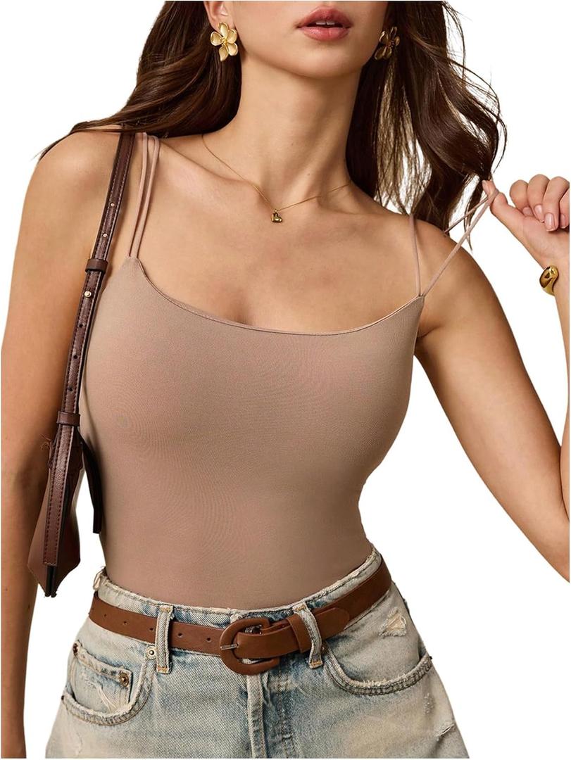 SOLY HUX Women's Spaghetti Strap Camisole Sleeveless Padded Basic Layering Fitted Cami Tops (Beige, S)
