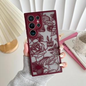 XIZYO for Samsung Galaxy S24 Ultra Case, Floral Rose Cute Phone Case for Women Girls Burgundy Aesthetic Pattern Print Slim TPU Bumper Cover Shockproof Protective Cover for S24 Ultra, Wine Red