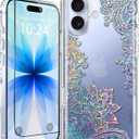 Coolwee Clear Glitter for iPhone 17 Case with Screen Protector, Cute Cover for Girls Women, Slim Shockproof 10FT Drop Protection for iPhone 17 Phone Case Crystal Lace Bling Mandala Henna