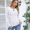 Fall Clothes Cut Out Shirt Keyhole Top for Women Long Sleeve T-Shirts Ribbed Knit Slim Fitted Basic Tee Top (White, L)