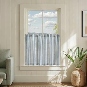 jinchan Striped Linen Kitchen Curtains 30 Inches Length Tier Curtains Farmhouse Modern Cafe Style Small Window Treatments Airy Light Filtering Rod Pocket for Living Room Bathroom 2 Panels Blue