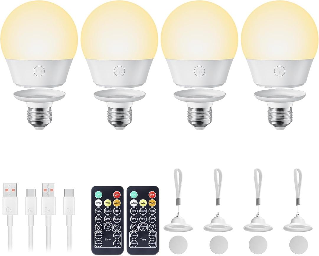 Rechargeable Light Bulb with Remote and Timer for Sconce and Lamp, Battery Backup Night Light, E26 Detachable Charging, Magnetic Base, 3 Lighting Colors, Dimmer, 7W, Lanyard Included, 4 Pack