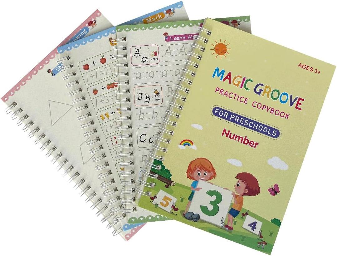 Magic Handwriting Practice Copybook for Kids, Reusable Grooved Writing Practice Book Workbooks for Preschool Age 3-8 Letters Numbers Drawing Tracing Books (4 Books with Pens)