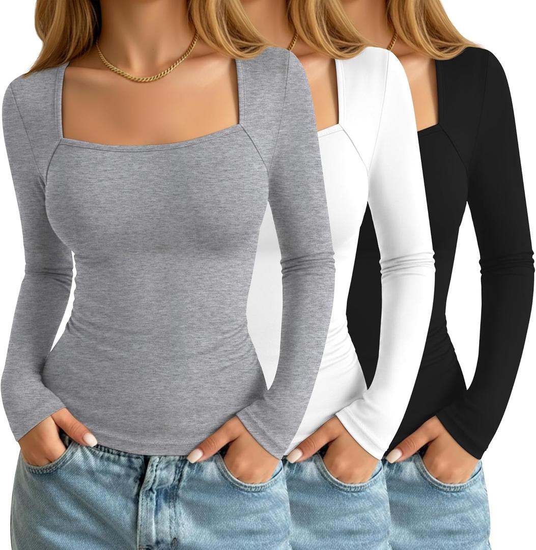 3 Pack Women's Square Neck Long Sleeve Tops, Double Lined Slim Fit Shirts Basic Trendy Going Out T Shirts Small