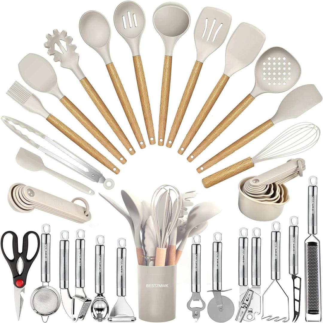 Kitchen Utensils Set- 35 PCs Cooking Utensils with Grater,Tongs, Spoon Spatula &Turner Made of Heat Resistant Food Grade Silicone and Wooden Handles Kitchen Gadgets Tools Set for Nonstick Cookware (Khaki)