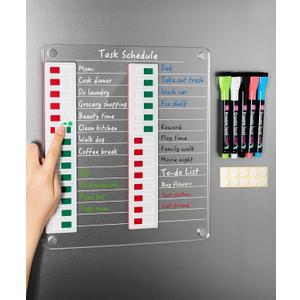 Magnetic Acrylic Dry Erase Board for Fridge, to Do List White Board with Sliding Buttons, 12"X10" Clear Chore Chart for Adults, Reusable Refrigerator Whiteboard Includes 5 Markers