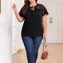 ZNU Women' s Plus Size Summer Tops Elegant Tie Front Bow Knot Round Neck Lace Ruffle Short Sleeves T-Shirts Tee Blouse (Black, XXL)