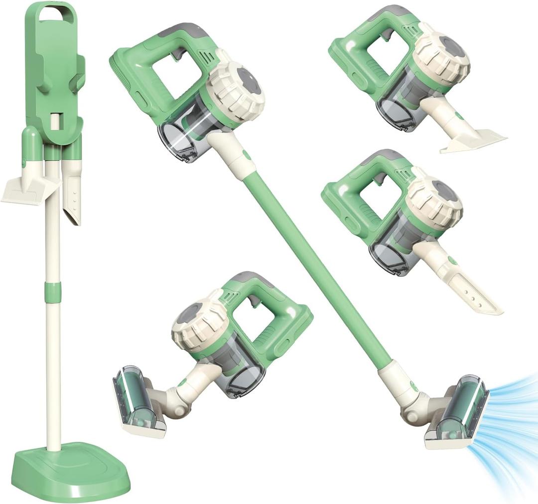 3-in-1 Kids Vacuum that Really Works  Working Toddler Vacuum Cleaner with Real Suction, Montessori Pretend Play Cleaning Toy Gift Set for Boys and Girls Ages 3+ (Green)