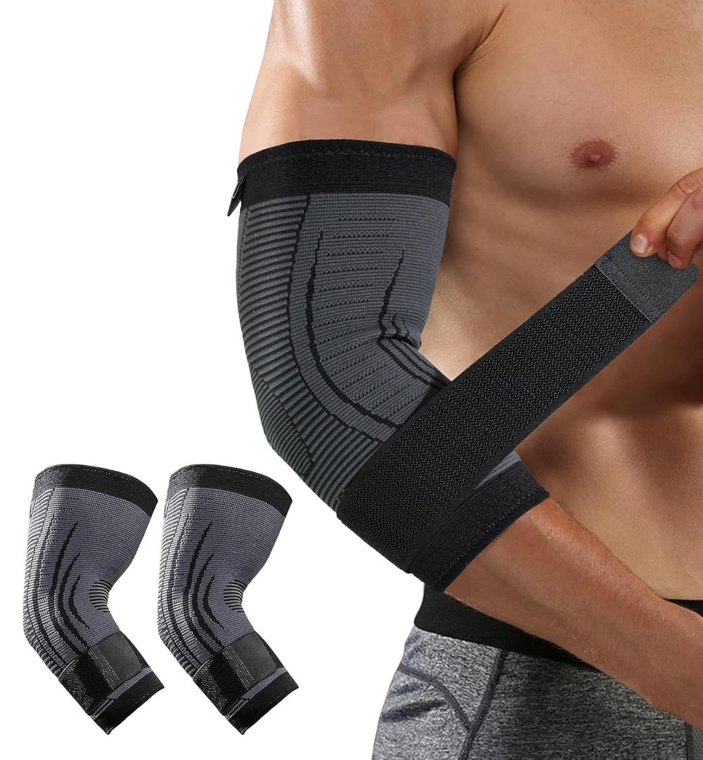 HiRui 2 PACK Elbow Brace for Men Women, Elbow Compression Sleeves With Adjustable Straps, Tennis Elbow Golfer Elbow Treatment Arm Support for Workout Weightlifting Tendonitis Pain Relief (Black)