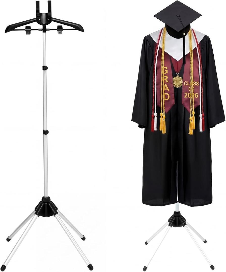 Bucherry Graduation Gown Display Stand Adjustable Garment Hanger for T Shirt Portable Hanging Metal Clothes Stand for Cap Clothing Jacket Coat Shirt Display (Rack,Silver and Black,32"-63")