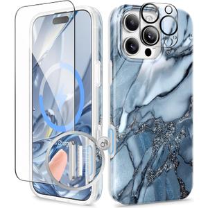 GVIEWIN for iPhone 16 Pro Case Compatible with MagSafe, with Screen & Lens Protectors, Military-Grade Protection Slim Marble Shockproof Magnetic Phone Case for 16 Pro 6.3", Azurite Drift/Blue