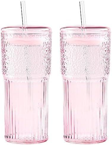 GOSCHE Glass Coffee Cups with Lids and Straws, 20oz Drinking Jar Glass Tumbler for Iced Coffee, Vintage Ripple Glassware Smoothie Cups, Pink, 2Pcs