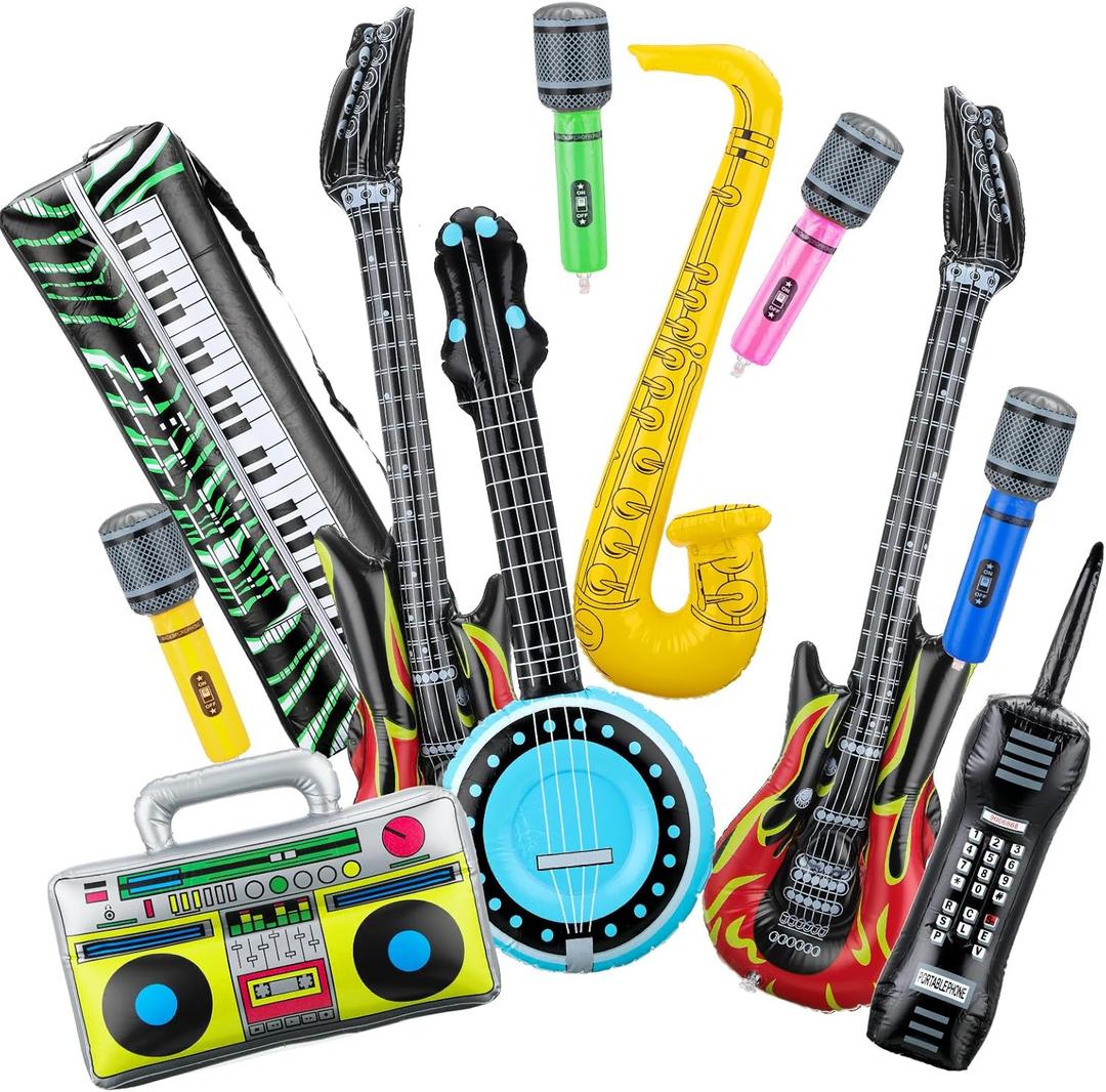 12 Pieces Inflatable Instruments Party Props Rock Star Toy Set Blow Up Guitars Inflatable Saxophone Bass Lute Microphones Mobile Phone Recorder Piano for 80s 90s Themed Party Photo Booth Decorations