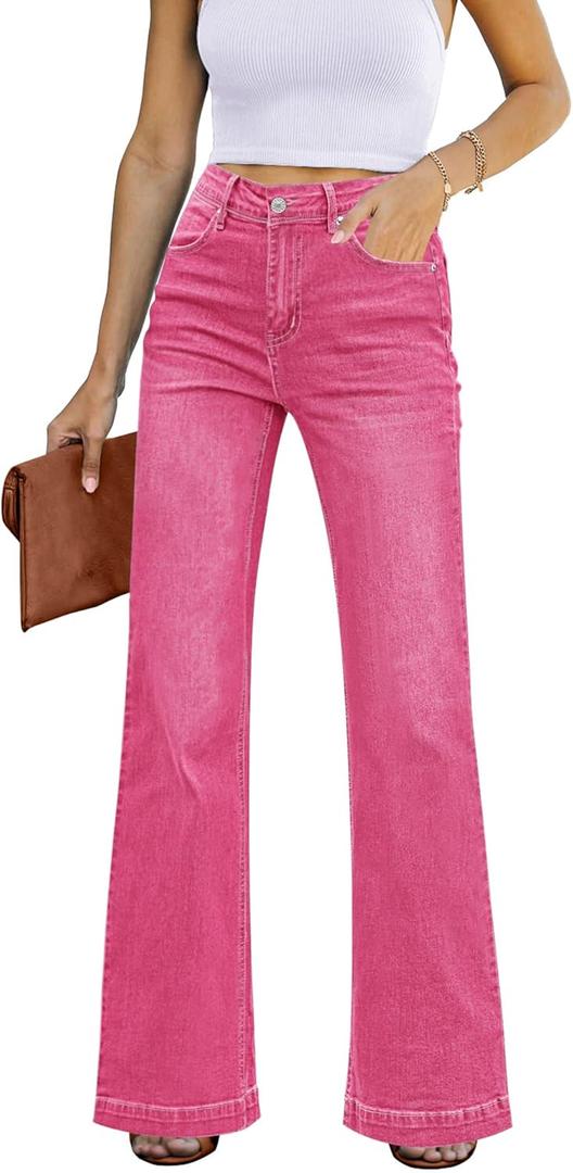 GRAPENT Womens Flare Jeans High Waisted Wide Leg Baggy Jean for Women Stretch Denim Pants (XX-Large, Hot Pink)