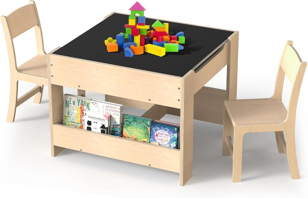 4-in-1 Kids Wooden Activity Desk & Chair Set  Birch Plywood Table with Reversible Whiteboard & Chalkboard, 3 Storage Areas for Toddlers Learning, Art, and Play(1-4 Years)