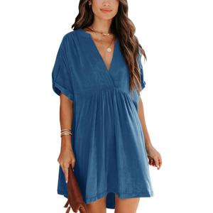 Minclouse Women's Babydoll Short Sleeve Tunic Dress V Neck Cute Casual Loose Dresses (Blue) Size Small
