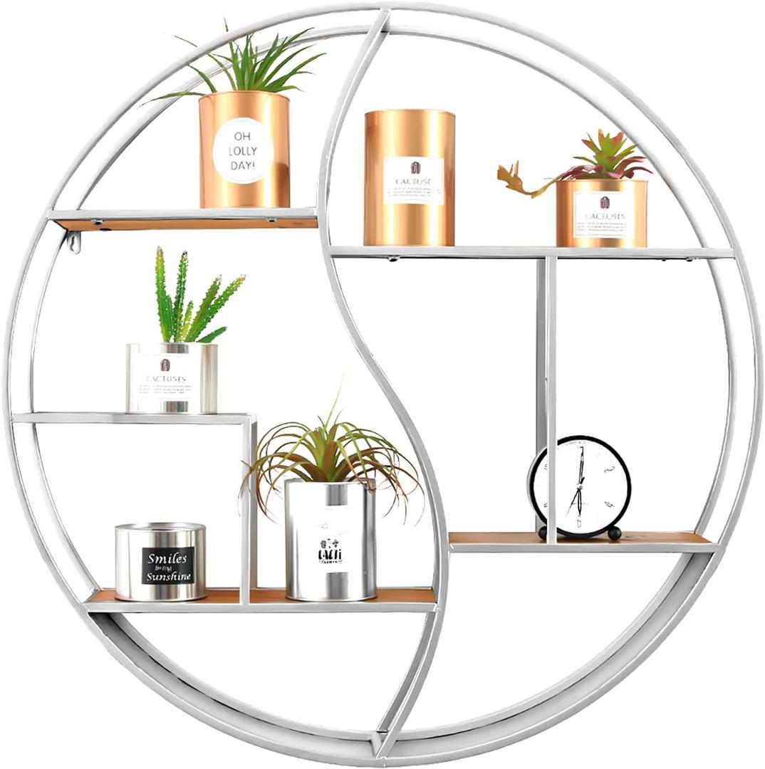 Round Wall Shelf,24 inch Metal Circle Shelf Wood Floating Shelves,Rustic Silver Wall Mounted Display Organizer Shelf for Fireplace,Living Room,Bathroom, Large
