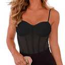 REORIA Women's Summer Sexy Mesh Sheer Spaghetti Strap Backless Going out Slimming Bustier Corset Leotards Tummy Control Bodysuit Tank Top With Built In Bra (- Black Medium)