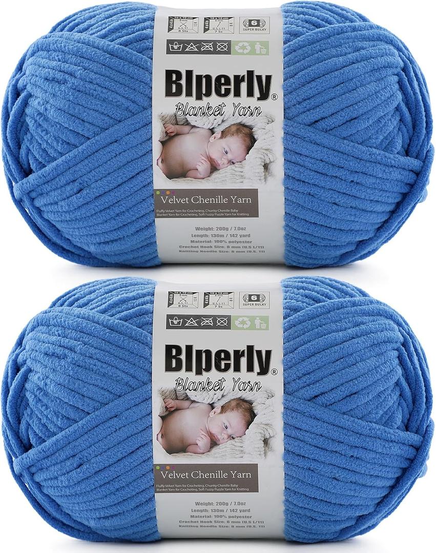 6 Super Bulky Velvet Chenille Yarn for Crocheting - 2 Skein of 200g/7 oz - Ultra Soft Heavy Weight Chunky Knitting Yarn for Baby Blankets, Amigurumi, Home DecorSky Blue2 Skein