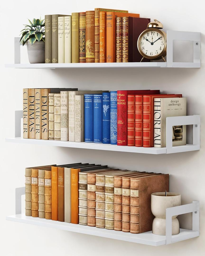 Harwaya 24 Inch Floating Wall Bookshelf for Kids Bedroom, White Large Wall Shelves for Bathroom Over Toilet, Deep Long Floating Book Shelves for Teen Girls Boys Office Classroom Living Room (Set of 3)