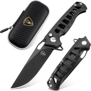 AUBEY Folding Pocket Knife, 3.54" 14C28N Steel Blade Knife with Button Lock and Clip, Sharp EDC Knives for Outdoor Camping Survival Tactical (Skeletonized Aluminum Handle)