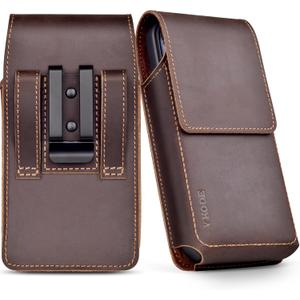 ykooe Genuine Leather Phone Holster Compatible with iPhone 16 15 14 13 12 & Pro Models, Galaxy S25 S24 S23 S22 -Belt Clip and Magnetic Closure, Dark Brown, L